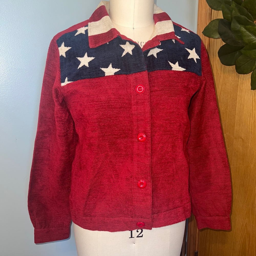 Coldwater Creek Womens Jacket M‎ American Flag Patriotic USA Stars Stripes Vtg